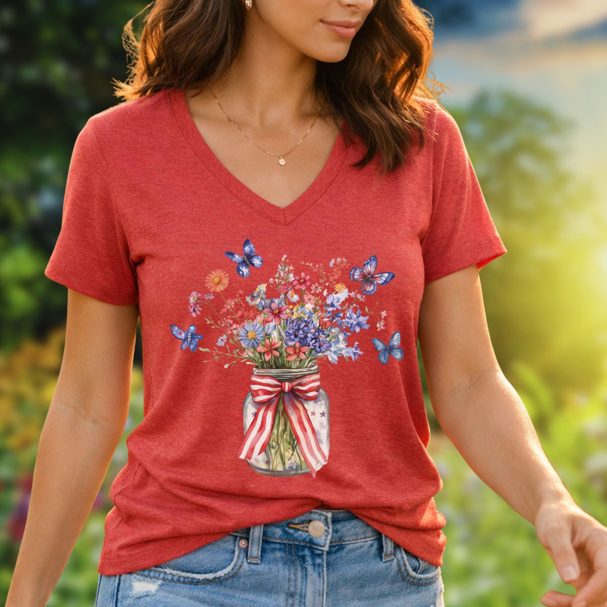 Patriotic Blooms & Butterfllies V-Neck Tee