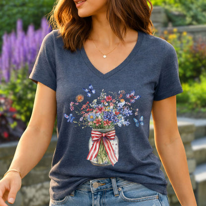 Patriotic Blooms & Butterfllies V-Neck Tee