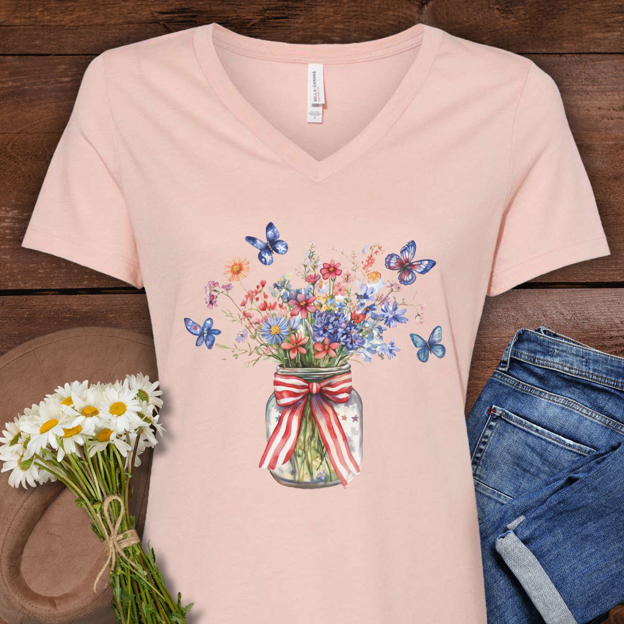 Patriotic Blooms & Butterfllies V-Neck Tee