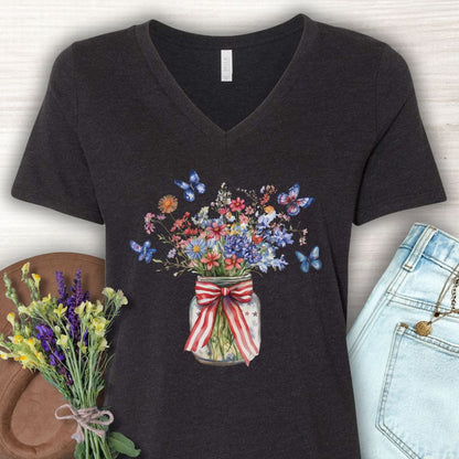 Patriotic Blooms & Butterfllies V-Neck Tee