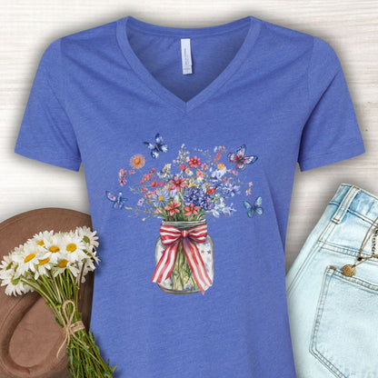 Patriotic Blooms & Butterfllies V-Neck Tee
