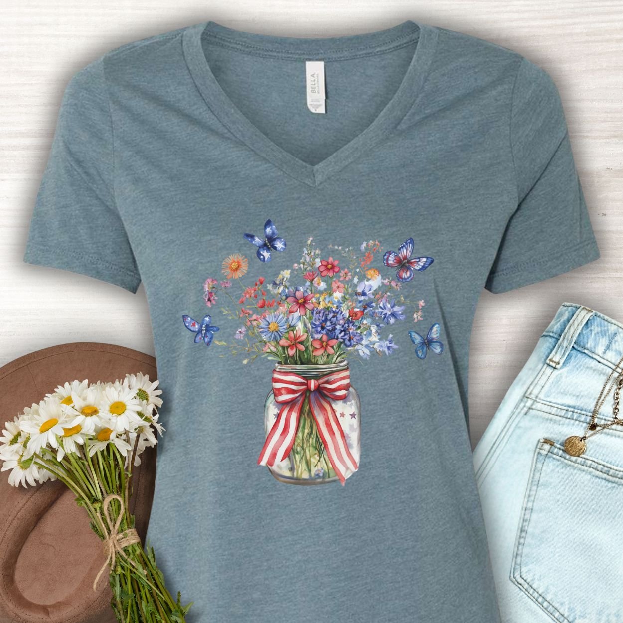 Patriotic Blooms & Butterfllies V-Neck Tee
