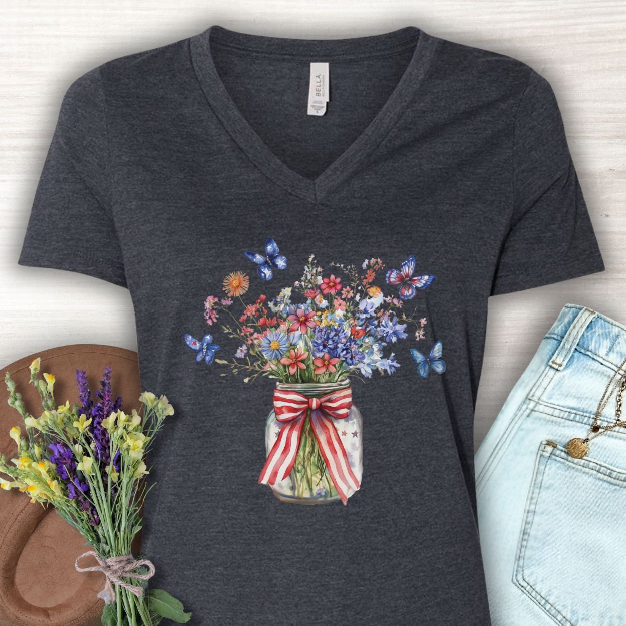 Patriotic Blooms & Butterfllies V-Neck Tee