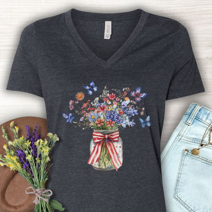 Patriotic Blooms & Butterfllies V-Neck Tee