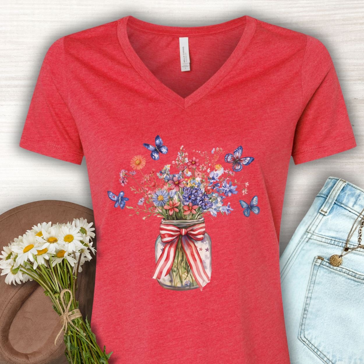 Patriotic Blooms & Butterfllies V-Neck Tee