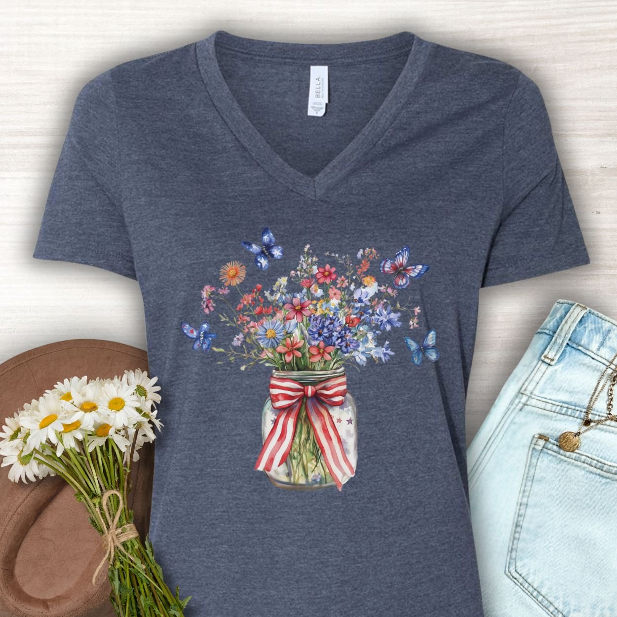 Patriotic Blooms & Butterfllies V-Neck Tee
