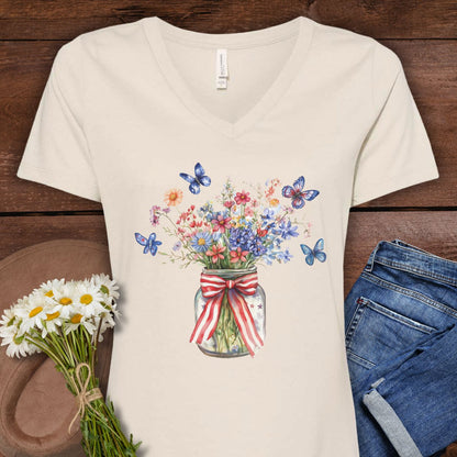 Patriotic Blooms & Butterfllies V-Neck Tee
