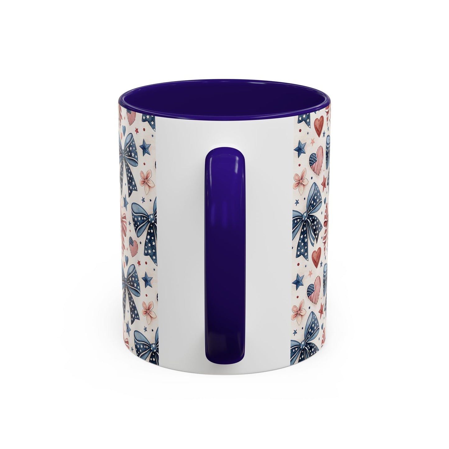 White ceramic mug with patriotic bows, hearts, and stars pattern, featuring a bold purple interior and handle.