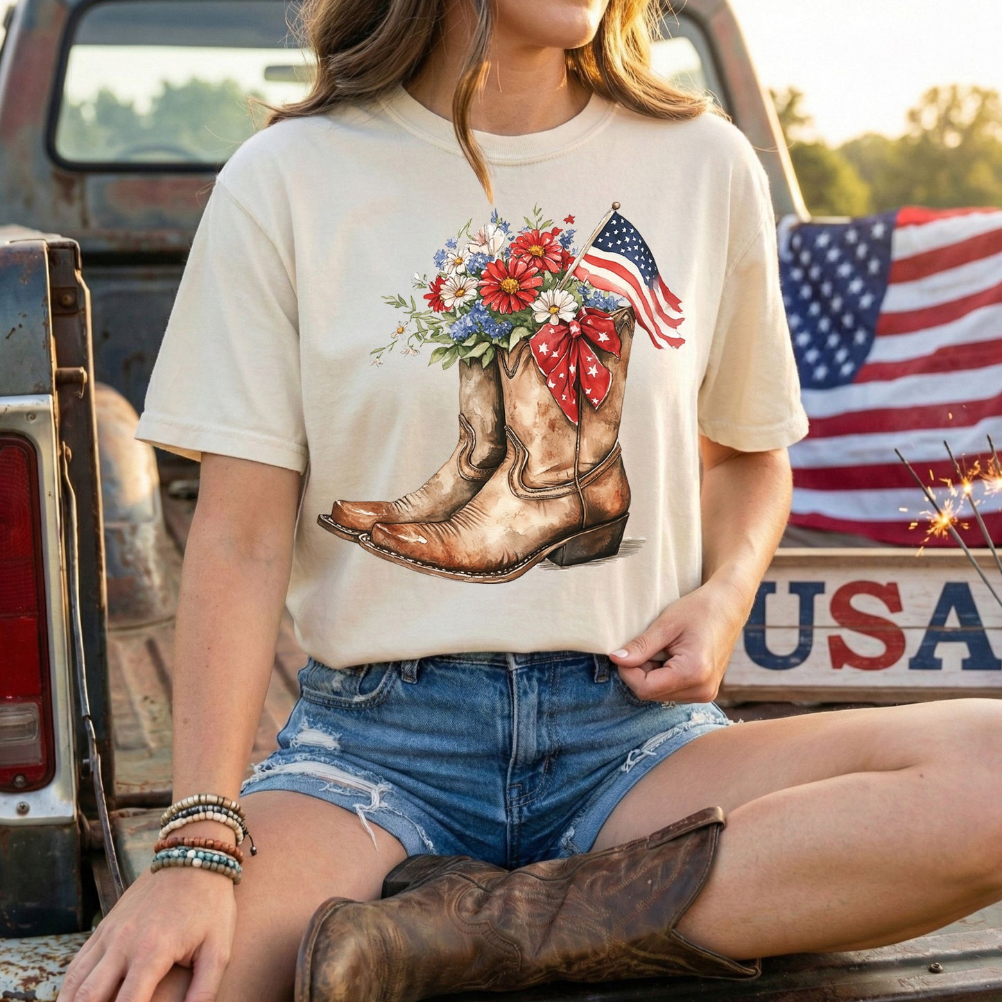 Garment-dyed t-shirt with watercolor cowboy boots, vibrant flowers, and an American flag.