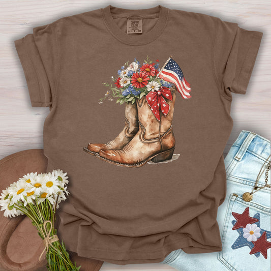 Espresso S t-shirt with watercolor cowboy boots, flowers, American flag, and star ribbon design.