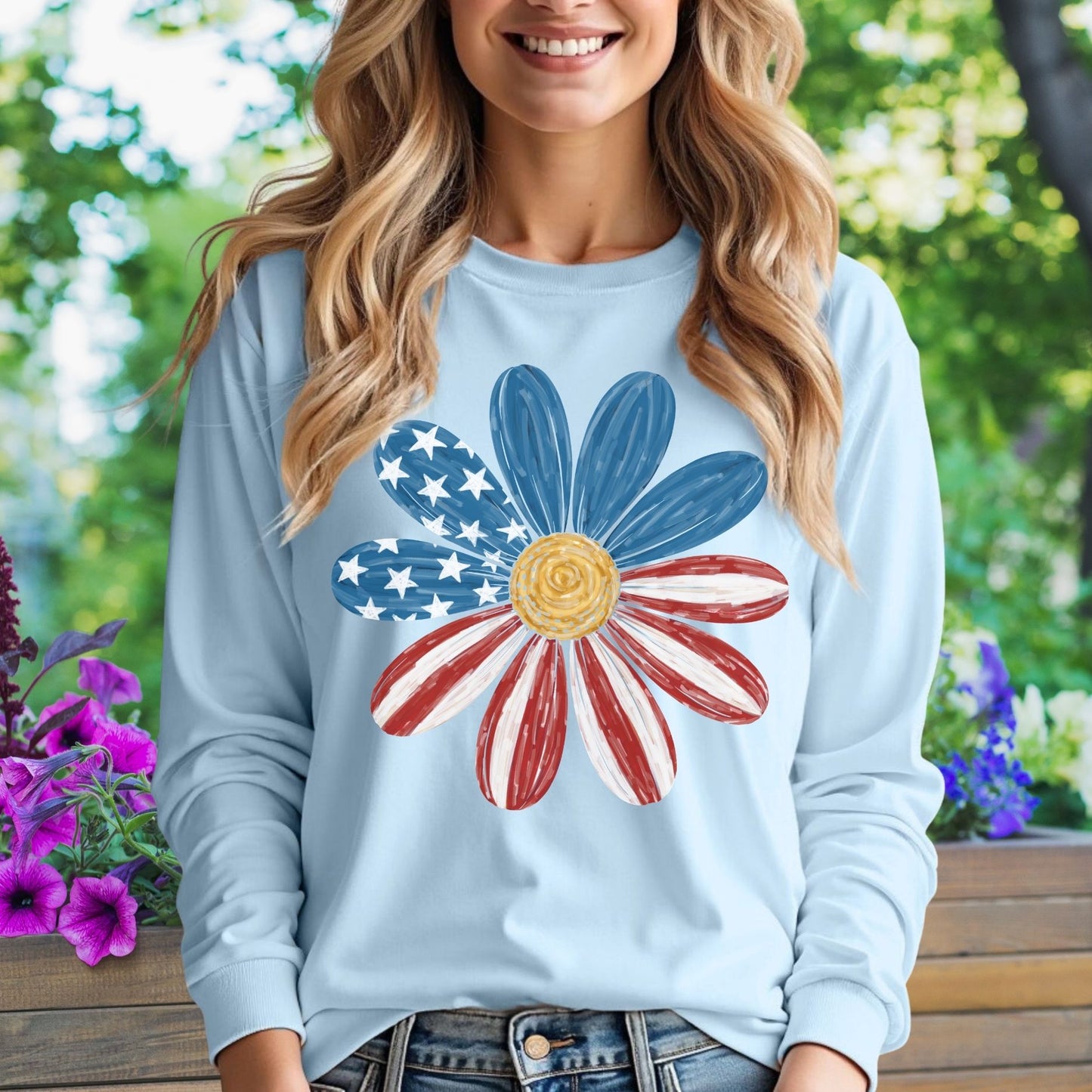 Patriotic Daisy American Flag Long Sleeve Tee