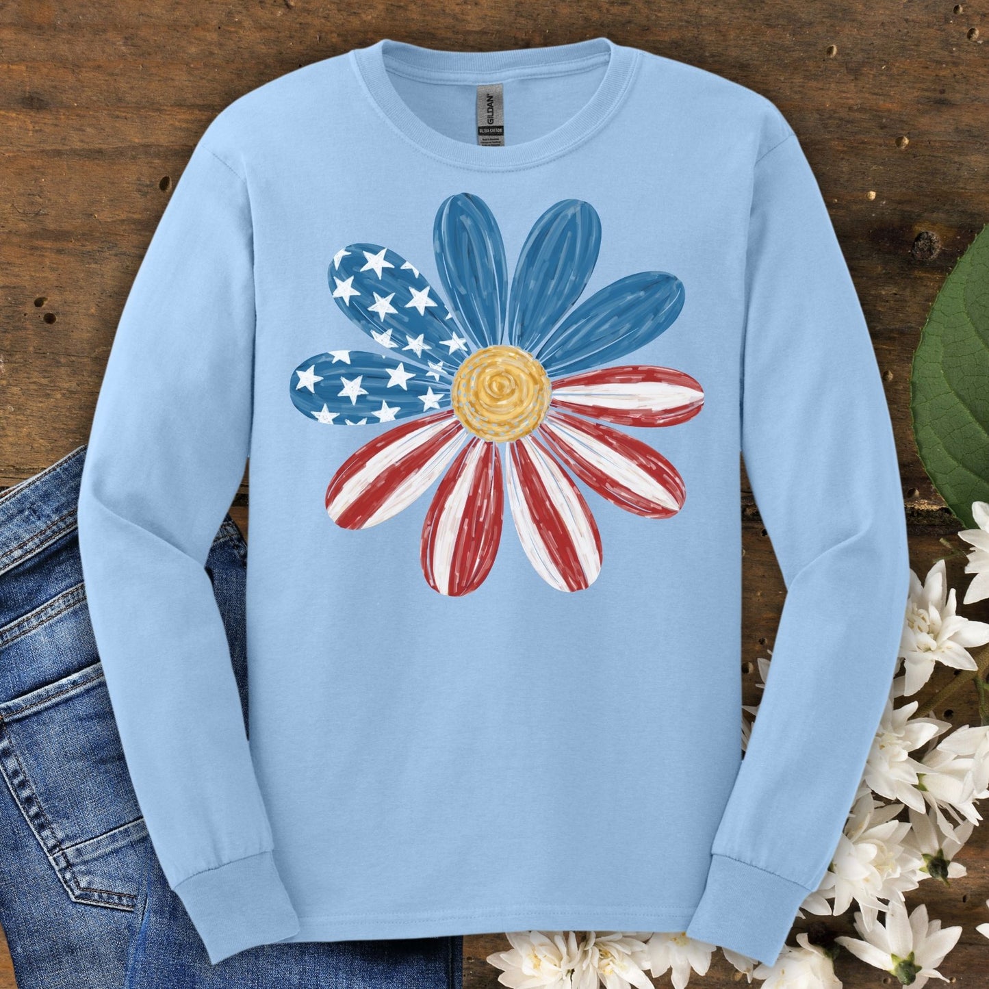 Patriotic Daisy American Flag Long Sleeve Tee