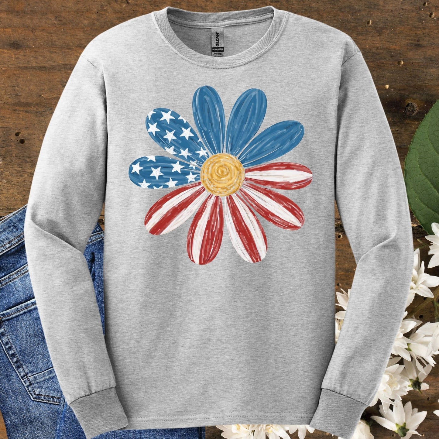Patriotic Daisy American Flag Long Sleeve Tee