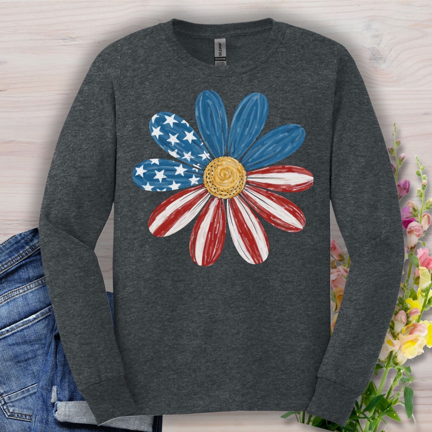 Patriotic Daisy American Flag Long Sleeve Tee