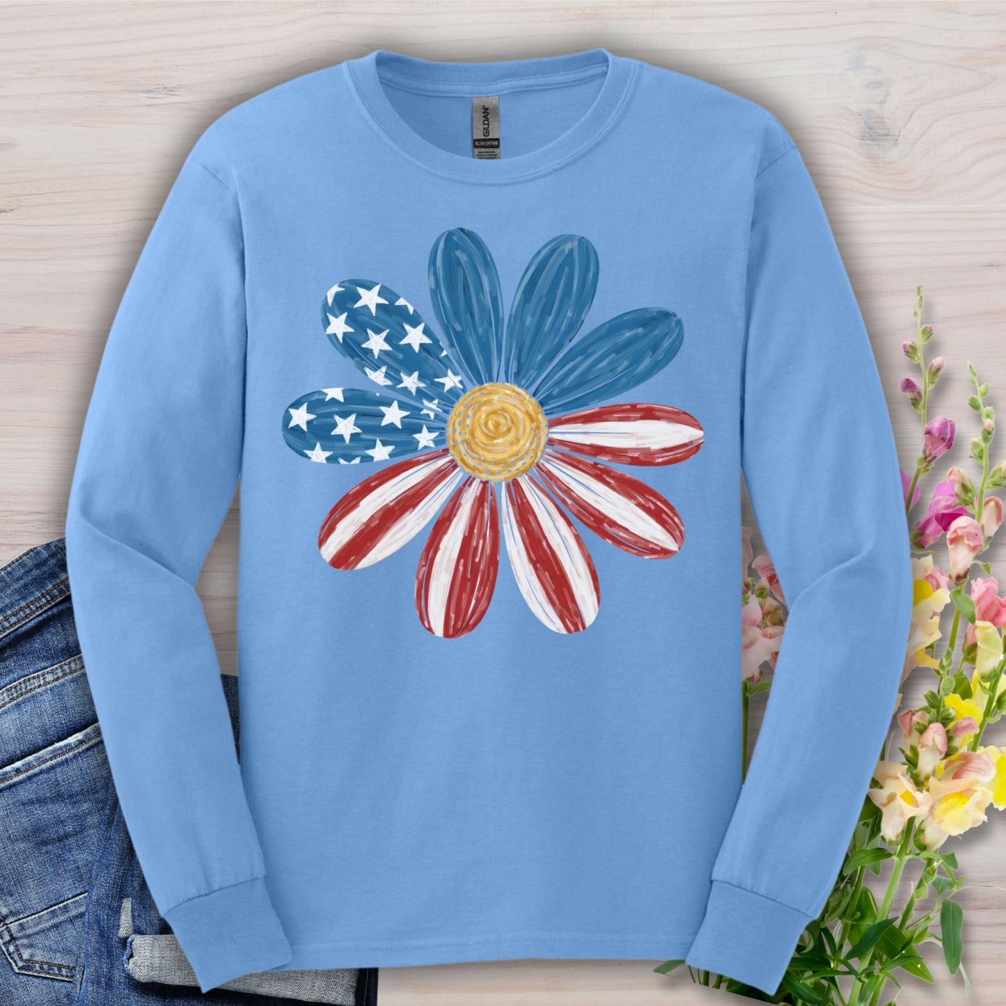 Patriotic Daisy American Flag Long Sleeve Tee