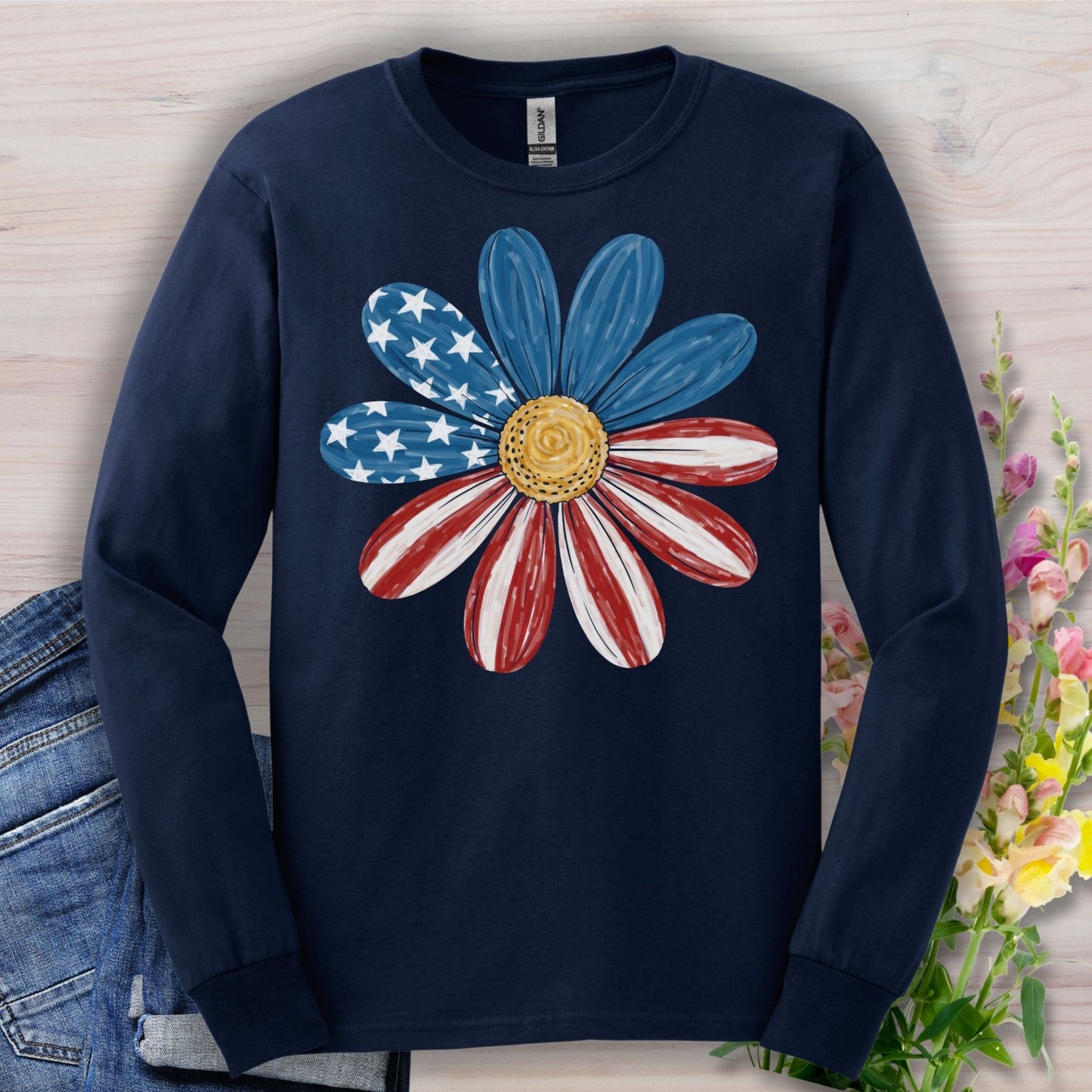 Patriotic Daisy American Flag Long Sleeve Tee