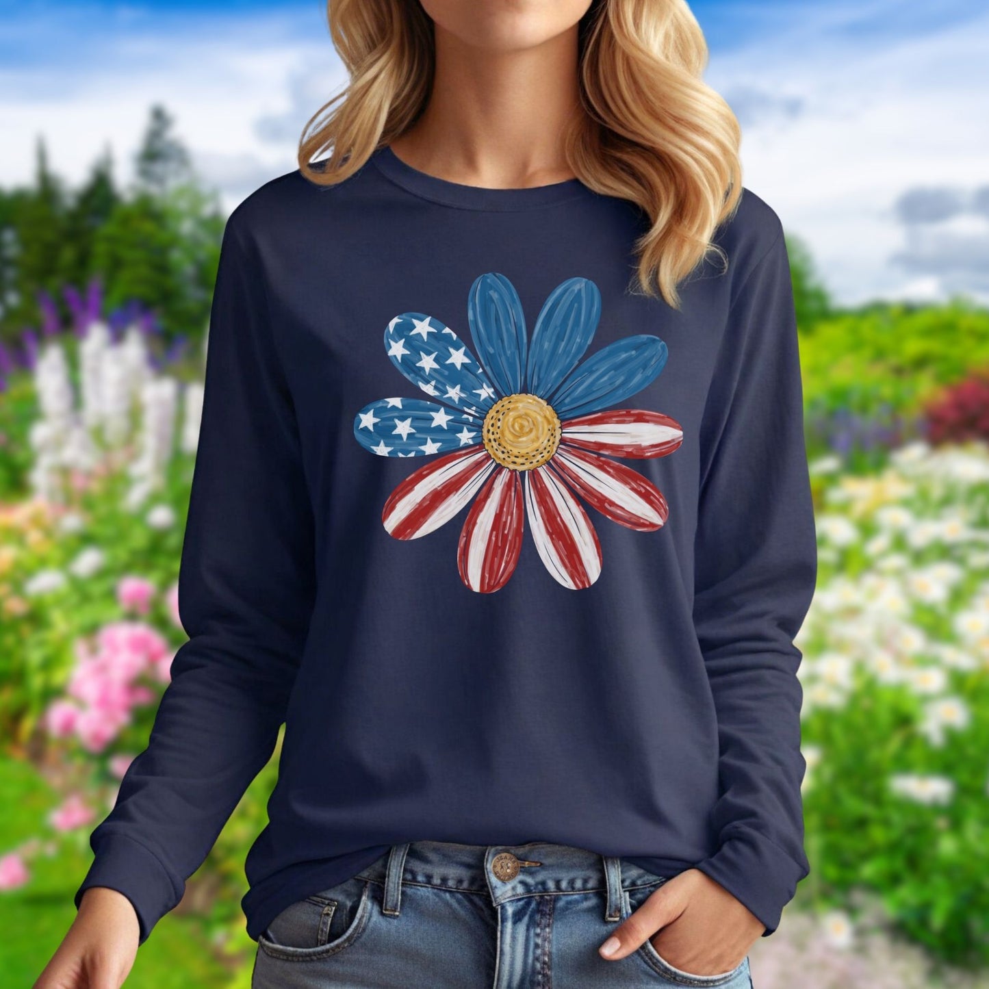 Patriotic Daisy American Flag Long Sleeve Tee