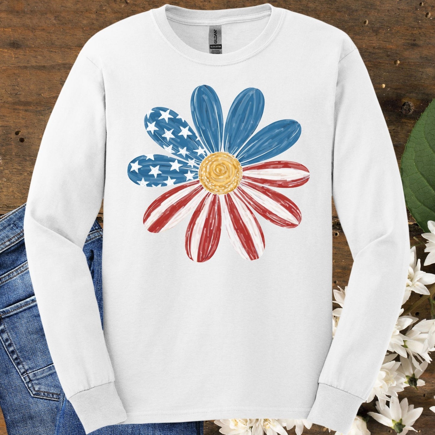 Patriotic Daisy American Flag Long Sleeve Tee
