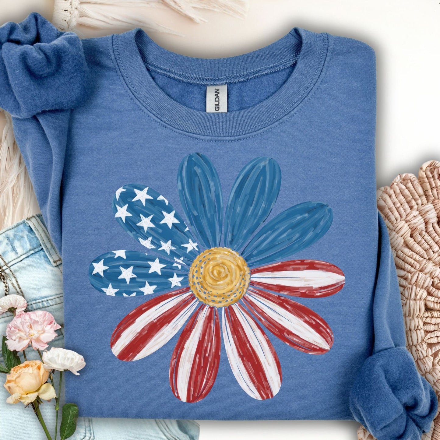 Patriotic Daisy American Flag Sweatshirt