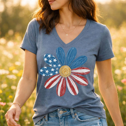 Patriotic Daisy American Flag V-Neck T-Shirt
