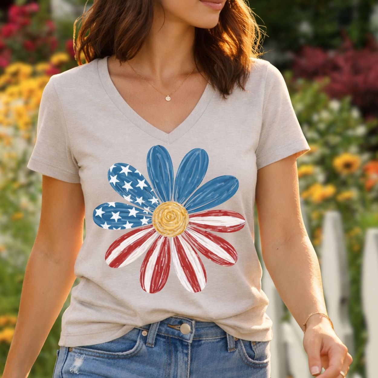 Patriotic Daisy American Flag V-Neck T-Shirt