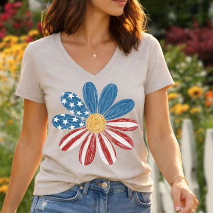 Patriotic Daisy American Flag V-Neck T-Shirt
