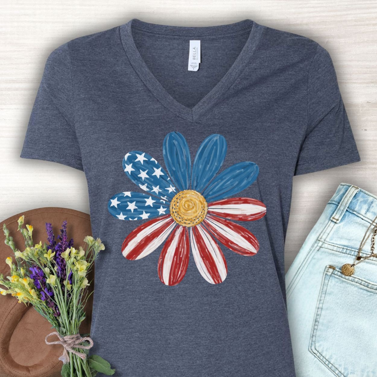 Patriotic Daisy American Flag V-Neck T-Shirt