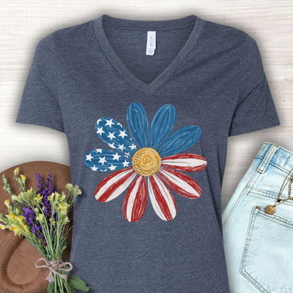 Patriotic Daisy American Flag V-Neck T-Shirt