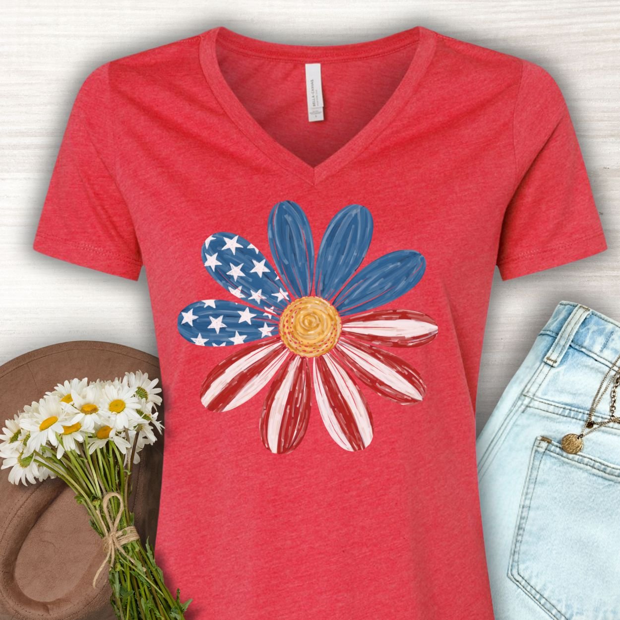 Patriotic Daisy American Flag V-Neck T-Shirt