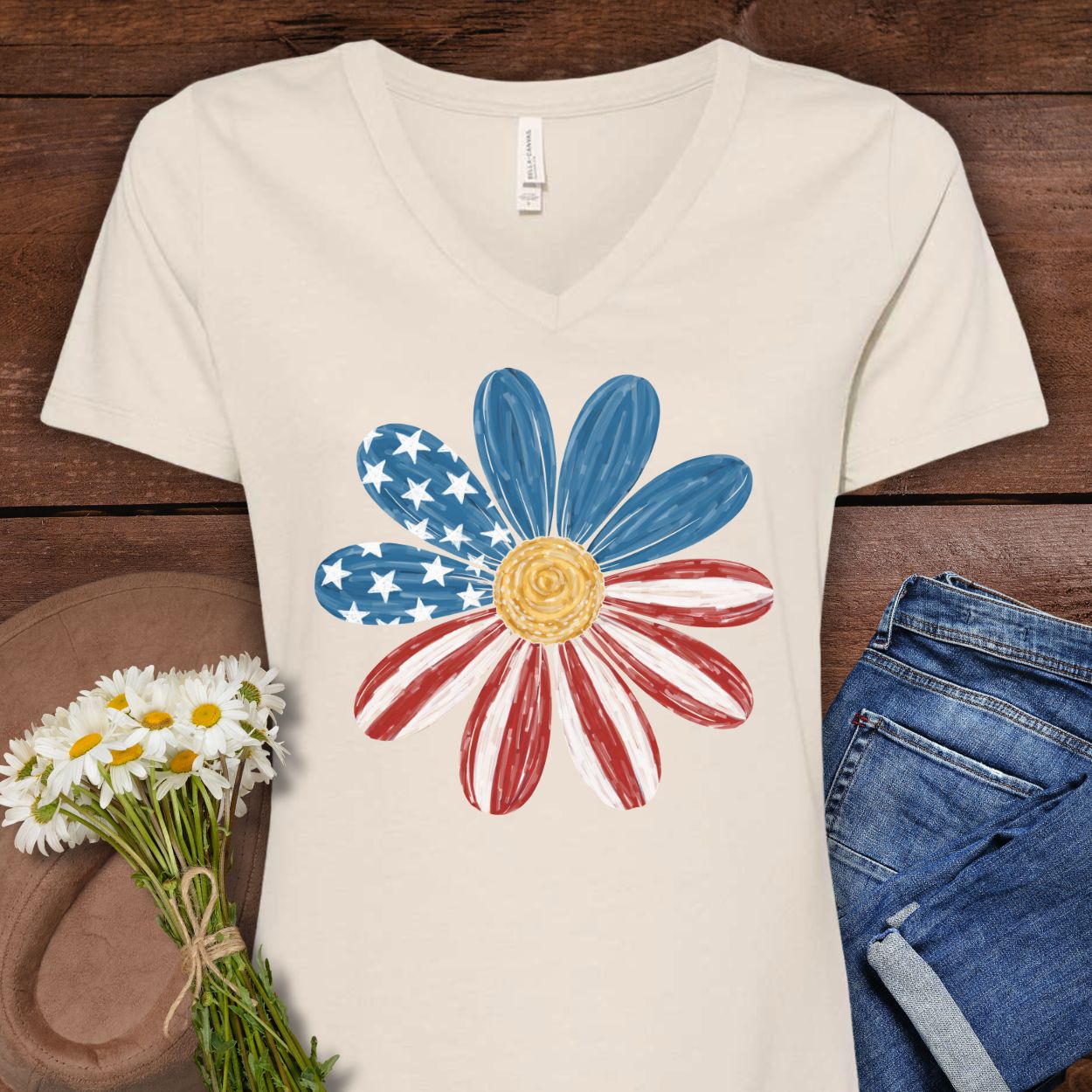Patriotic Daisy American Flag V-Neck T-Shirt