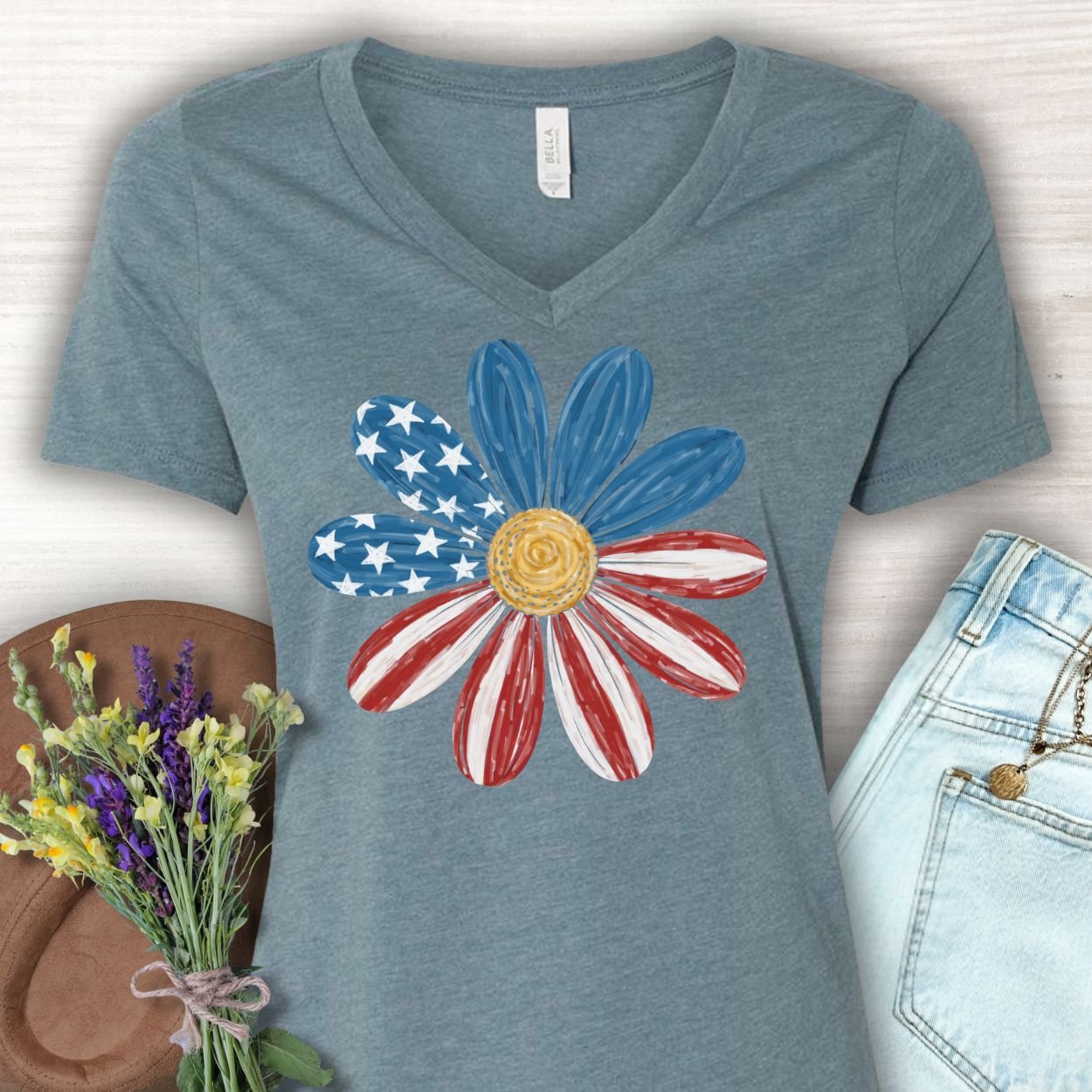Patriotic Daisy American Flag V-Neck T-Shirt