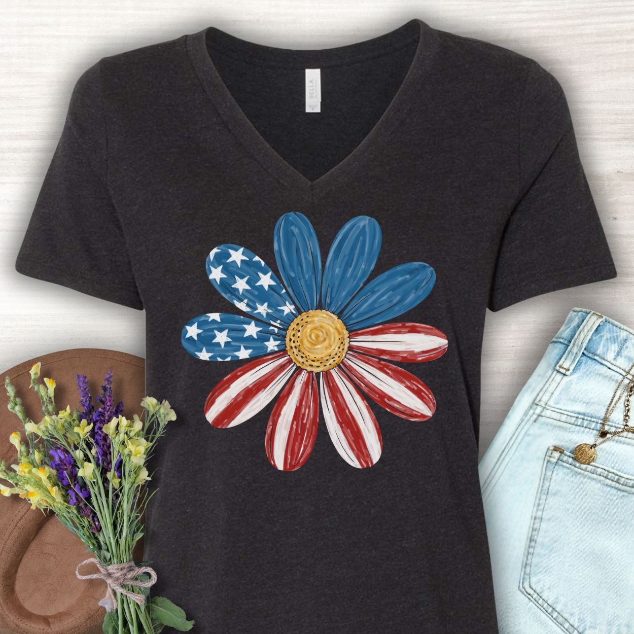 Patriotic Daisy American Flag V-Neck T-Shirt