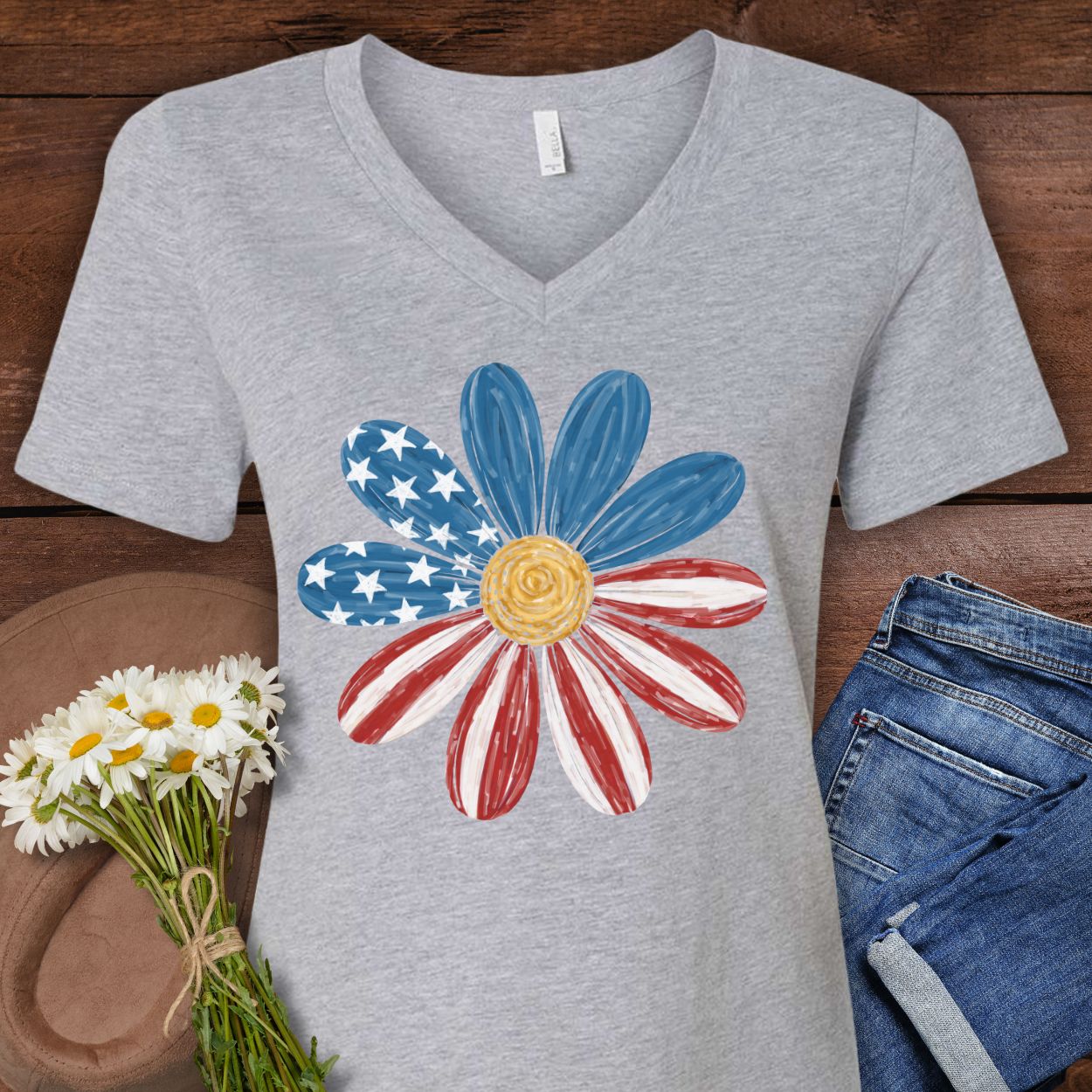 Patriotic Daisy American Flag V-Neck T-Shirt