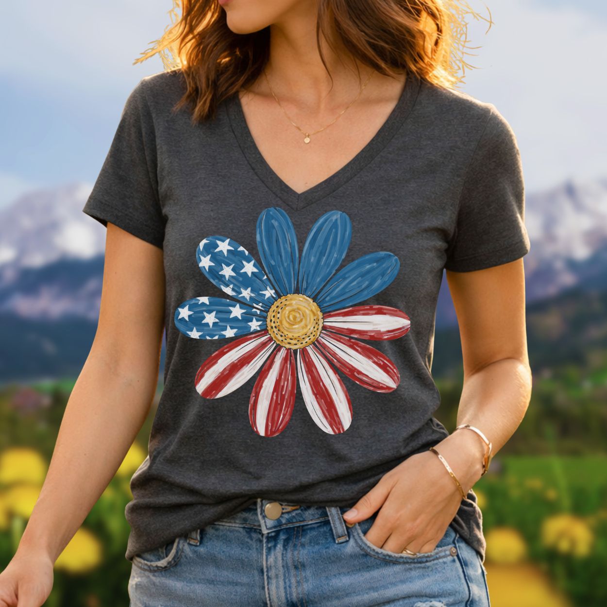 Patriotic Daisy American Flag V-Neck T-Shirt