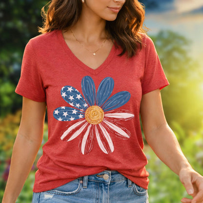 Patriotic Daisy American Flag V-Neck T-Shirt