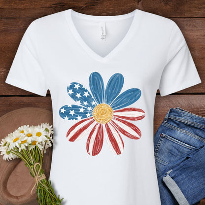 Patriotic Daisy American Flag V-Neck T-Shirt