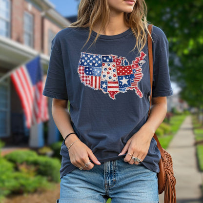 Relaxed-fit, garment-dyed navy t-shirt with a printed faux patchwork map of America.