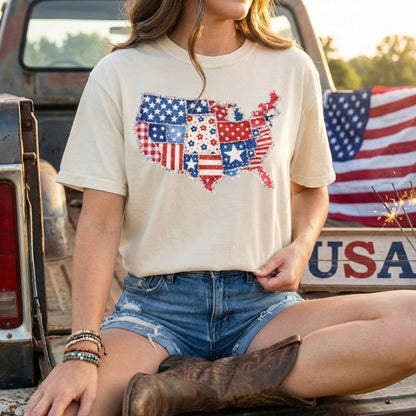 Relaxed-fit, garment-dyed t-shirt with a printed patriotic faux patchwork USA map.