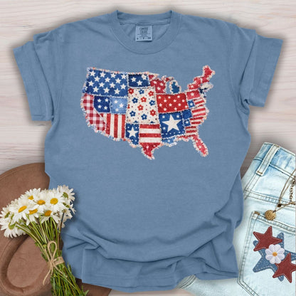 Blue Jean S t-shirt with a printed faux patchwork map of America in patriotic red, white, and blue.