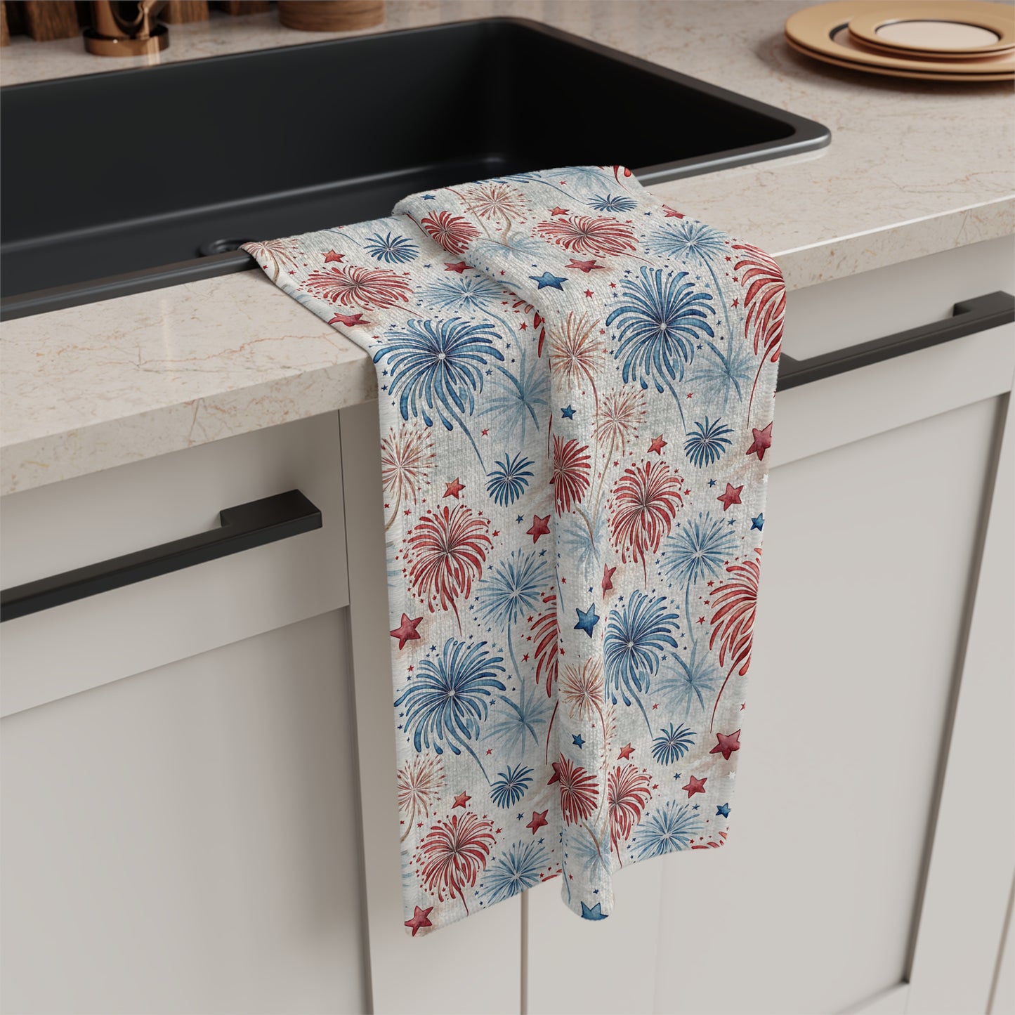 Patriotic Red & Blue Fireworks Tea Towel