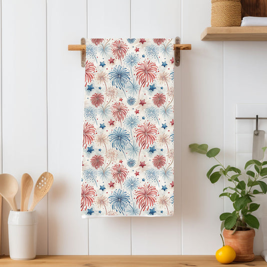 Patriotic Red & Blue Fireworks Tea Towel