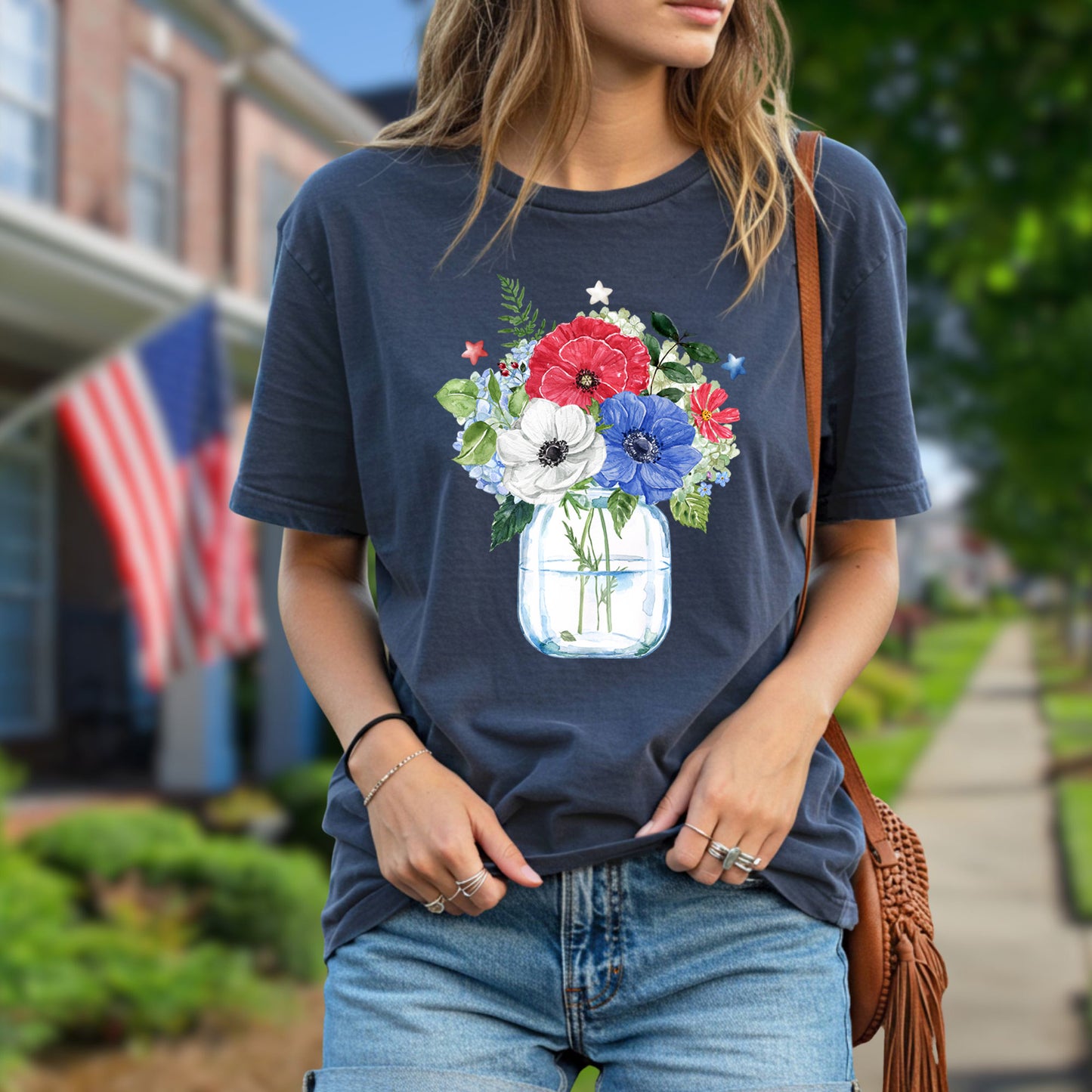 Patriotic floral bouquet in a mason jar t-shirt with red, white, and blue anemones and star embellishments.