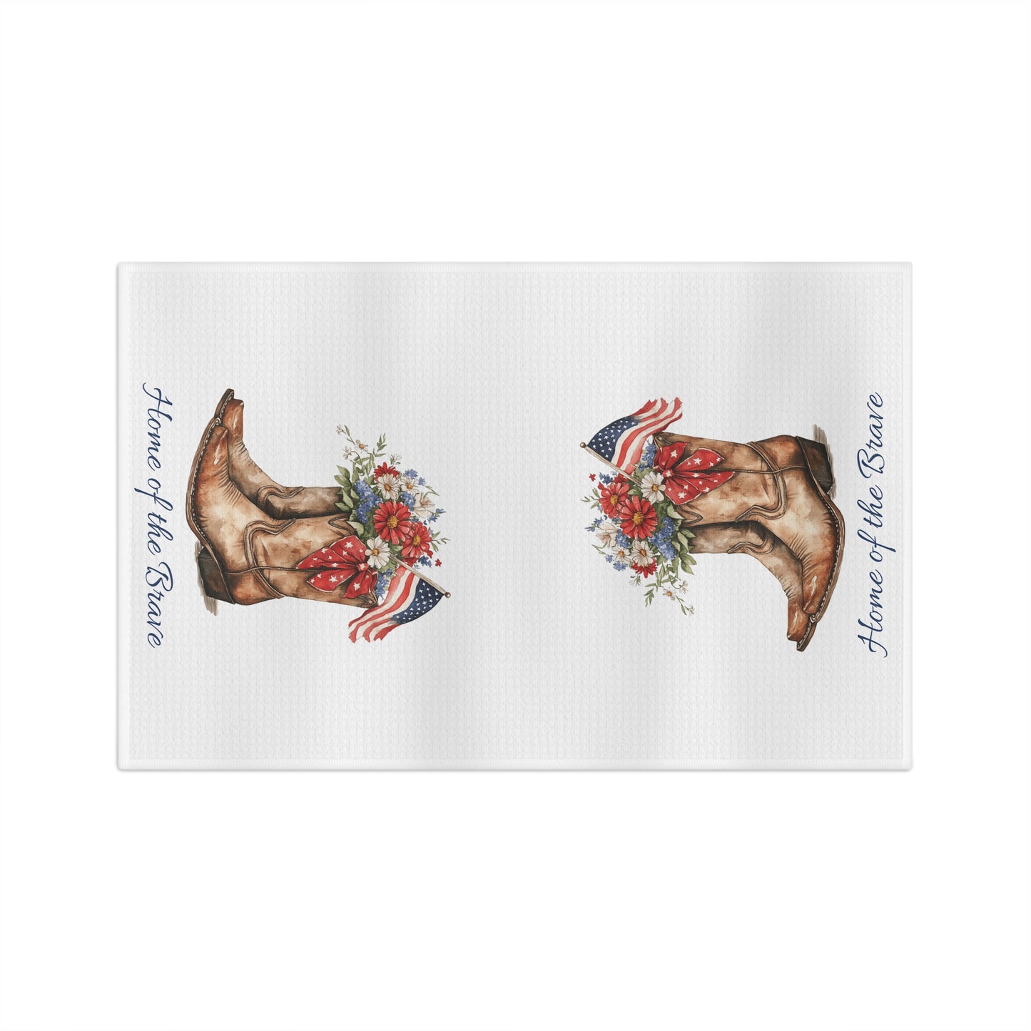 White microfiber tea towel with patriotic floral cowboy boots and "Home of the Brave" text.