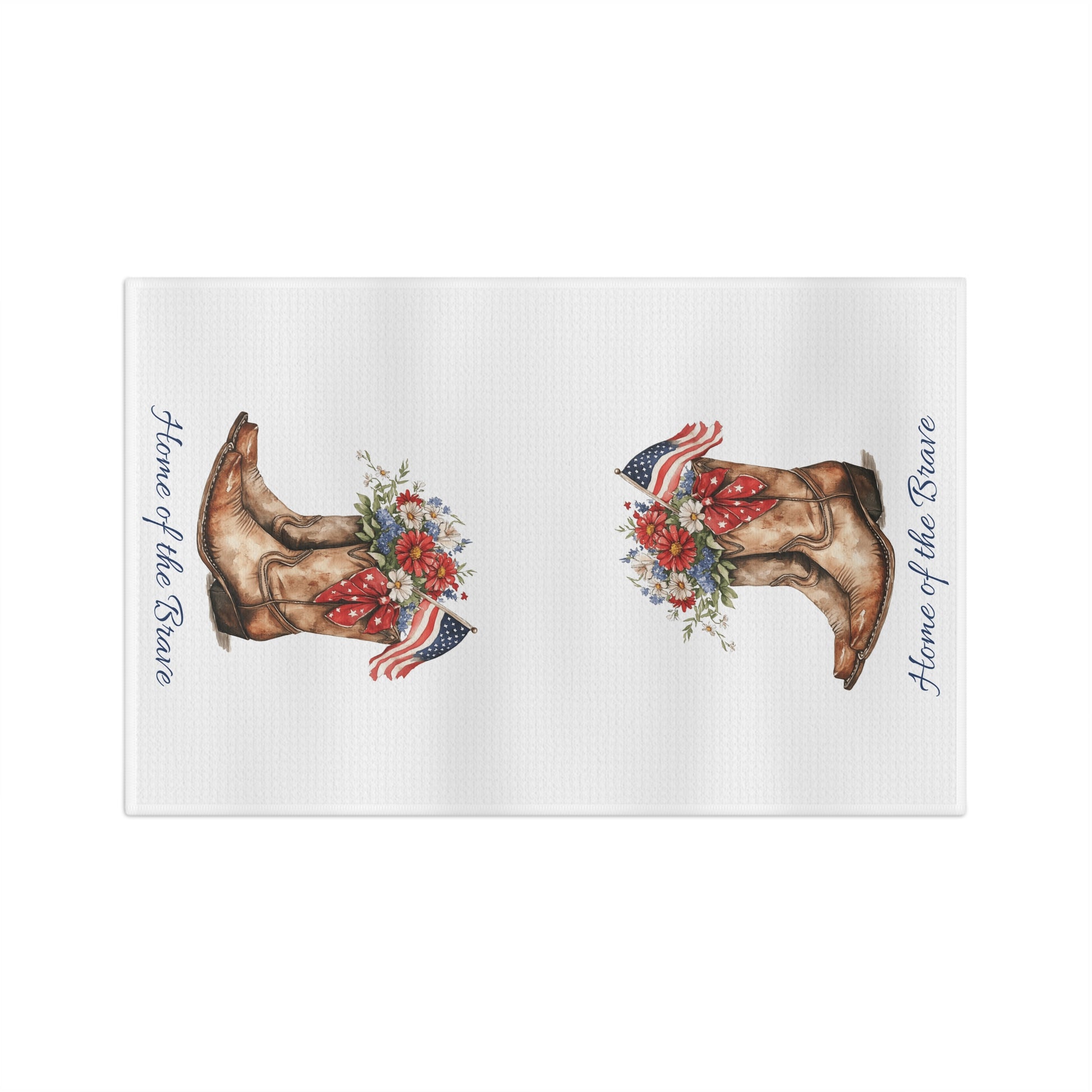 White microfiber tea towel with patriotic floral cowboy boots and "Home of the Brave" text.