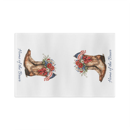 White microfiber tea towel with patriotic floral cowboy boots and "Home of the Brave" text.