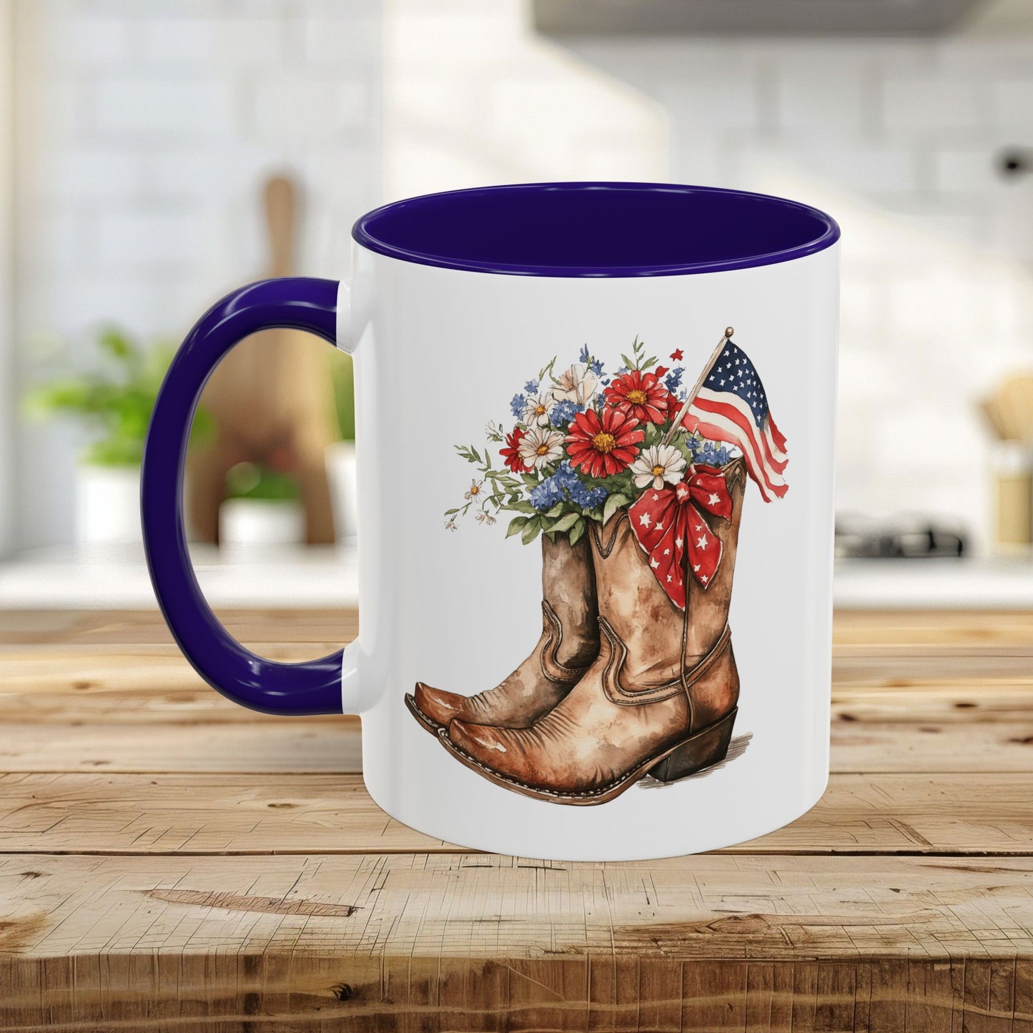 White ceramic mug with purple handle and interior, featuring watercolor cowboy boots, wildflowers, and an American flag.