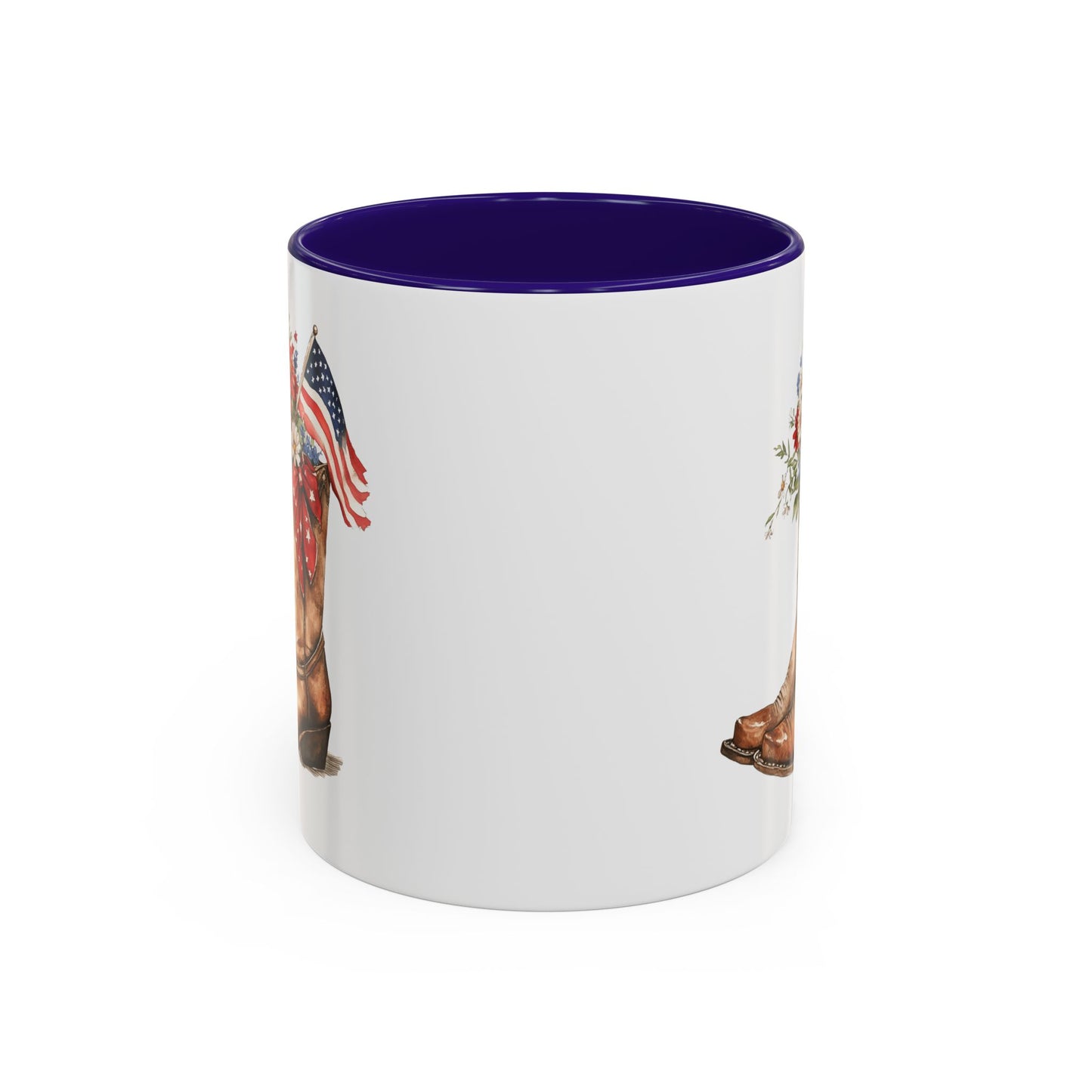 White ceramic mug with purple interior and handle, featuring a watercolor print of cowboy boots with wildflowers and an American flag.