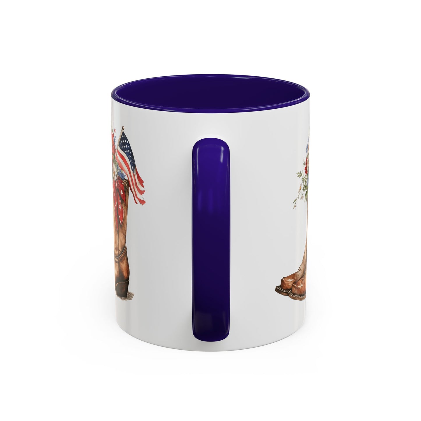 White ceramic mug with a purple handle and interior, featuring a watercolor print of a cowboy boot with an American flag.