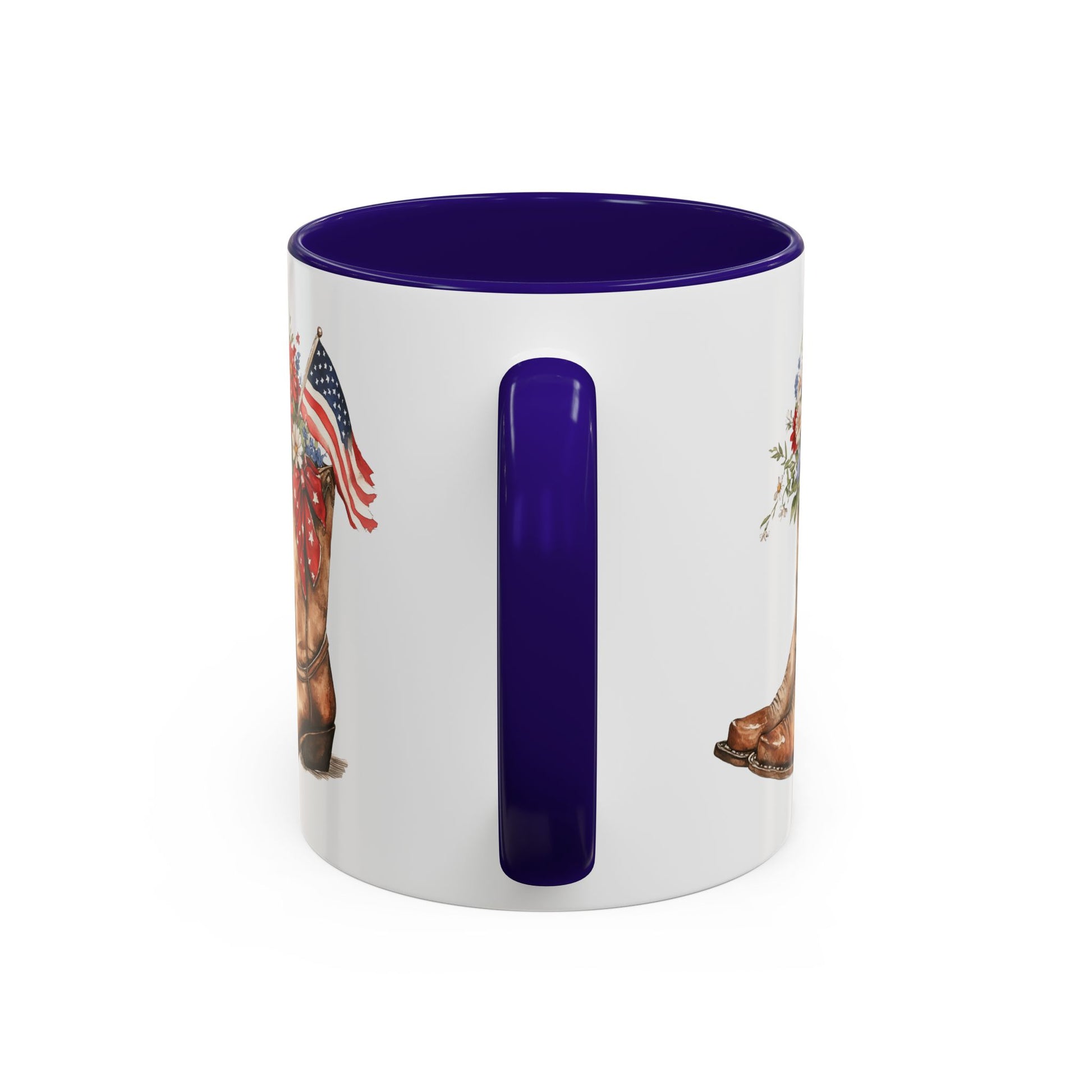 White ceramic mug with a purple handle and interior, featuring a watercolor print of a cowboy boot with an American flag.
