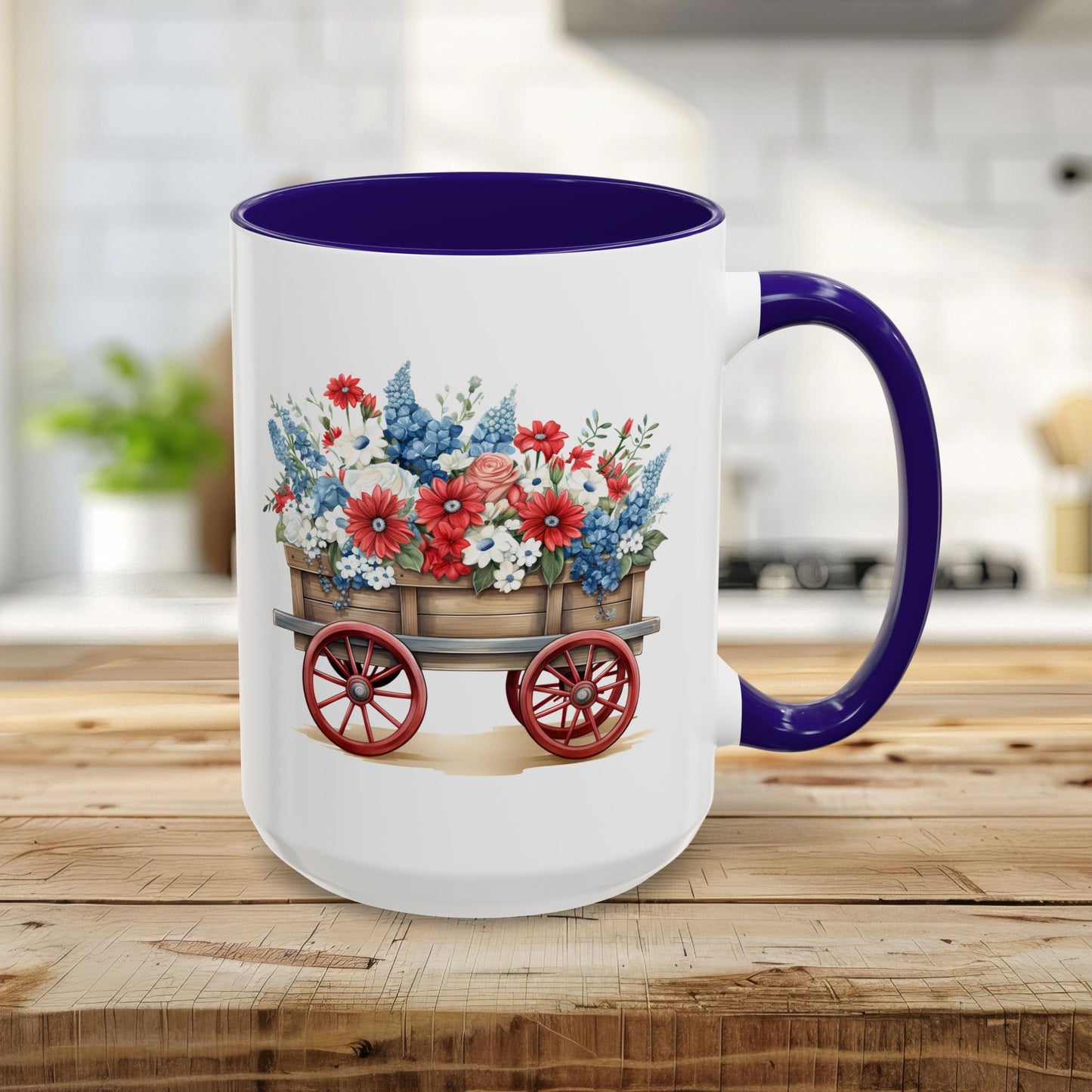15oz ceramic mug with blue handle/interior, featuring a vintage wagon overflowing with red, white, and blue florals.